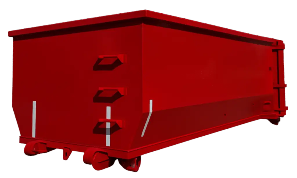 A red dumpster/container on wheels against a transparent background, suitable for use in a logistics or waste-management branding layout.