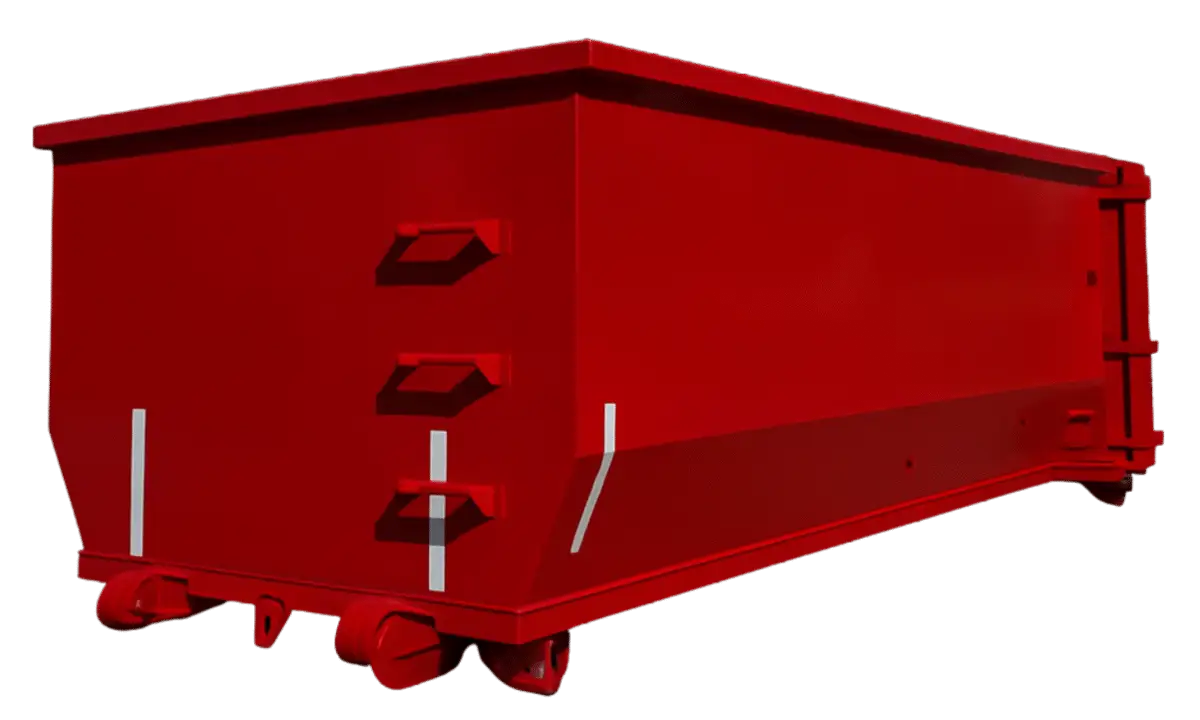 A red dumpster/container on wheels against a transparent background, suitable for use in a logistics or waste-management branding layout.