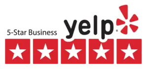 Yelp “5-Star Business” banner with five red squares and white stars.