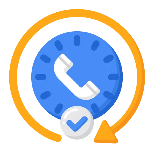A decorative circular badge featuring a blue clock face with a white phone icon in the center, a white checkmark badge overlapping the bottom, and an orange ring with a small yellow triangle.
