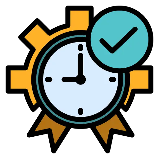 A decorative clock with a yellow gear-shaped border and a blue ribbon badge featuring a teal circle with a checkmark, suggesting approval or on-time certification.