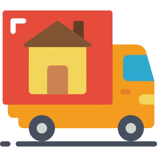 Orange delivery truck with a red square sign showing a yellow house icon on top