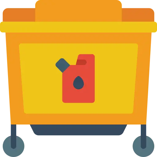 Cartoon-style orange dumpster with a yellow lid and a small red liquid container on the side.