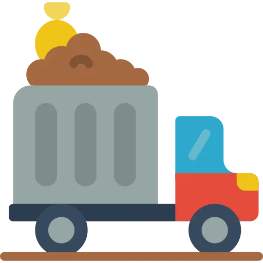 Cartoon-style orange truck with a large gray dump container filled with brown material, driving on a road.