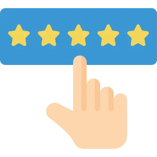 Five yellow stars on a blue rounded rectangle with a pointing finger tapping the center.