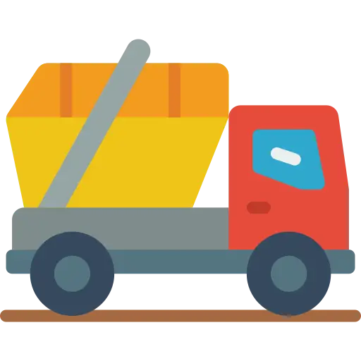 Cartoon dump truck with a yellow container and gray body on a road.