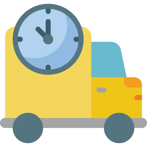 Colorful flat illustration of a yellow truck with a large blue clock on its cab.
