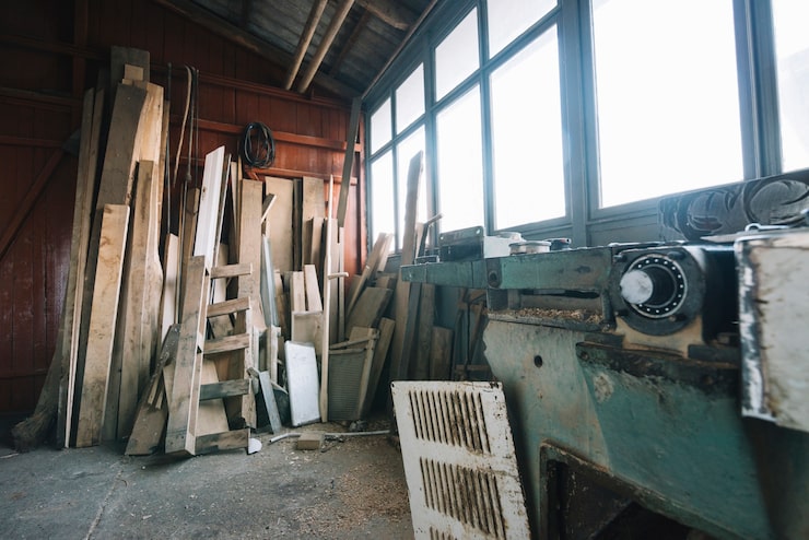 A cluttered woodworking shop or lumber room with stacked and leaning pieces of rough-cut wood along the left wall, a dusty green industrial machine on the right, and a large window letting in natural light from above.
