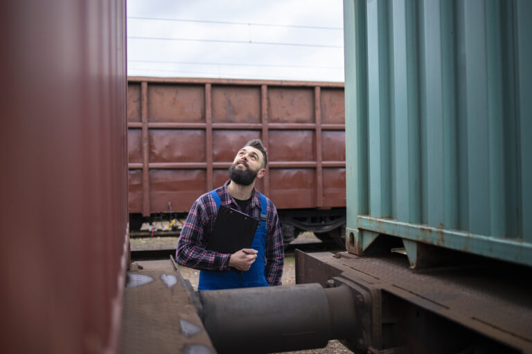 A bearded man in a blue apron and plaid shirt stands between railroad cars, looking upward with a thoughtful expression. He appears to be inspecting or working on the train setup, with brown and teal freight cars surrounding him.