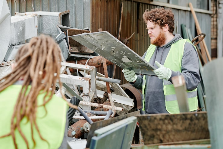 Two workers assess scrap metal, inspecting a sheet of metal amid a cluttered yard.