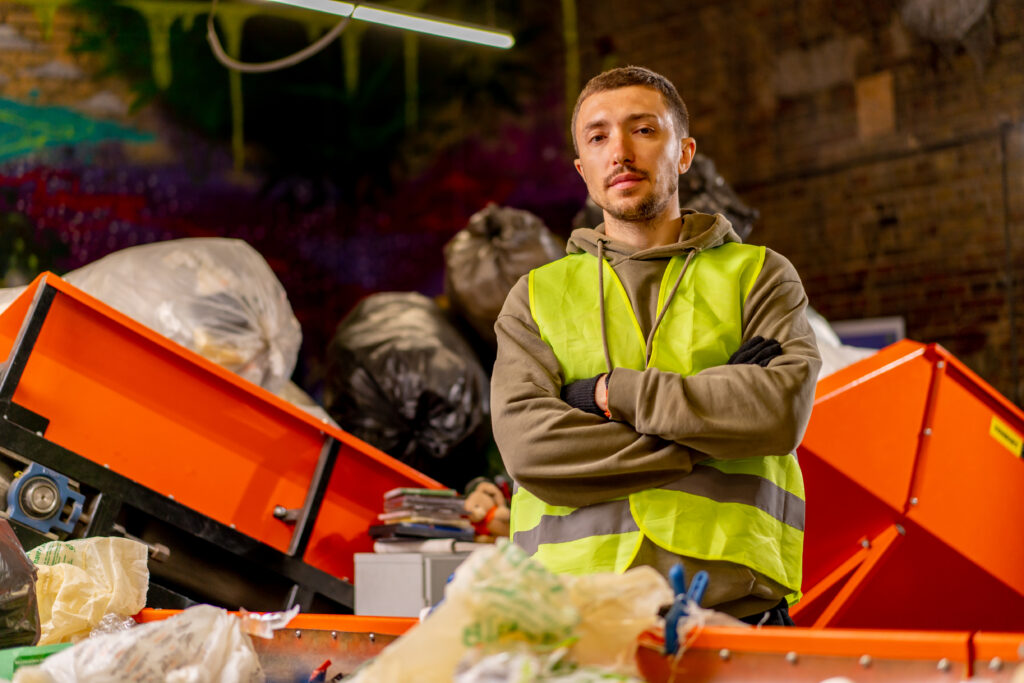 Portrait of a serious man in a protective vest with his arms crossed in front of him and looking at camera at a waste plant