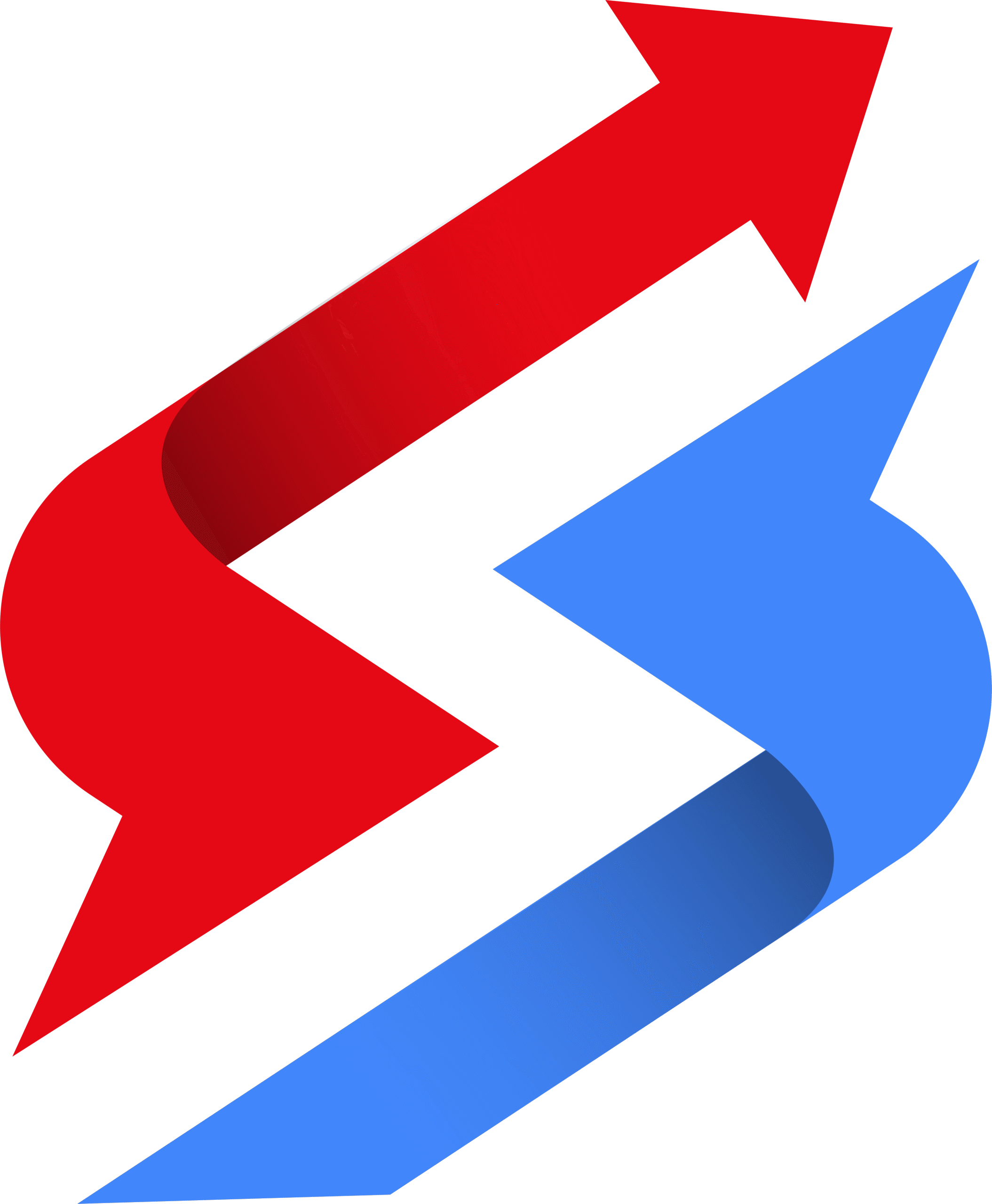 Two stylized arrows—one red pointing up-left and one blue pointing down-right—over a transparent background.