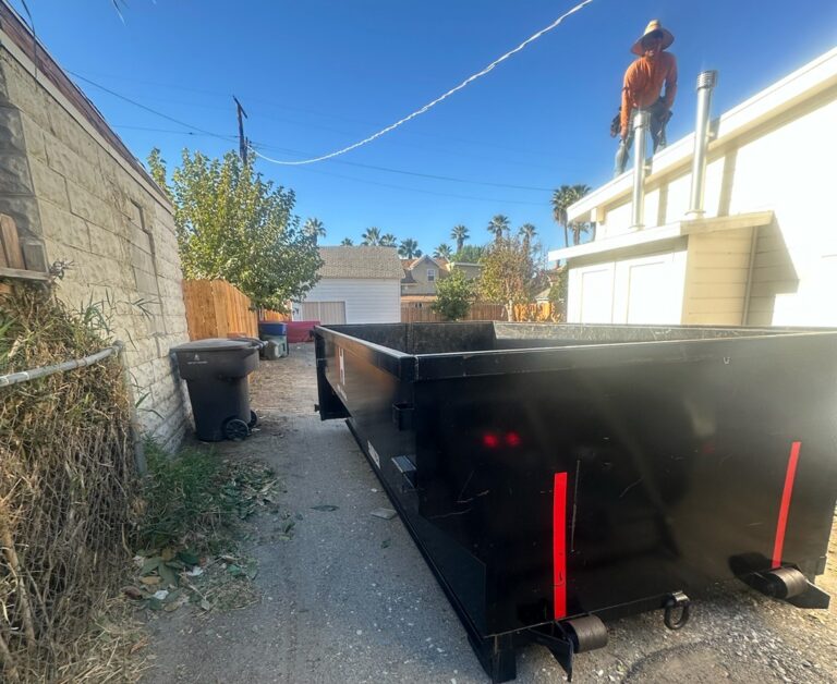 A wide alley shot with a black metal dumpster between a brick wall (left) and a white building (right); a man in an orange shirt and hat stands on the roof; trash cans and overgrown vegetation line the brick wall; bright blue sky above.