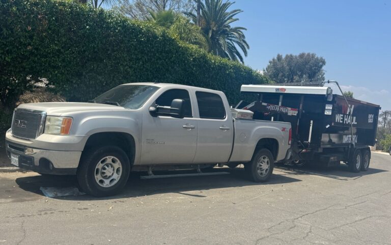 A light-colored GMC pickup truck parked on a residential road tows a black dumpster trailer with "WE HAUL" in white lettering. The scene includes a tall green hedge, palm trees, and clear blue sky on a sunny day.